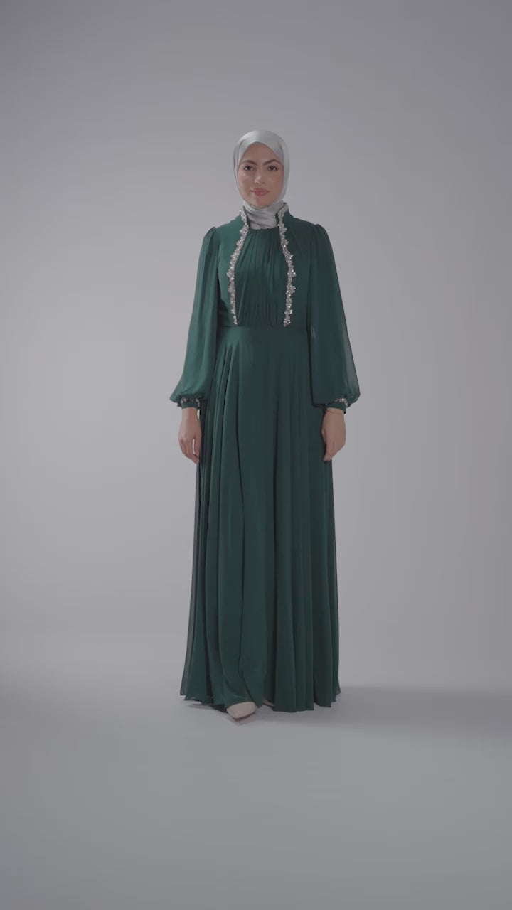 💫 Embellished Pleated Maxi Dress – Elegant Modest Style